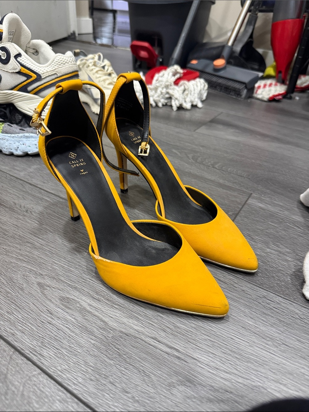 Call It Spring Mustard Yellow Pointed-Toe Ankle-Strap Heels
